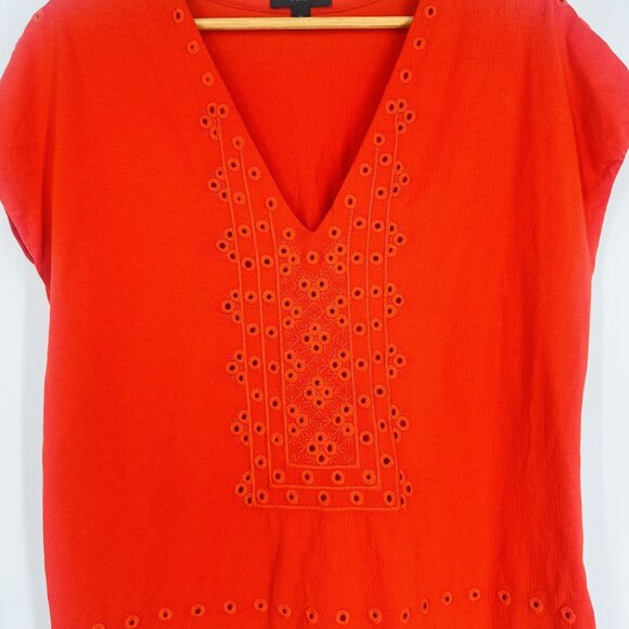 J.Crew Red V-Neck Eyelet Cap Sleeve Embroidered Cotton T-Shirt Blouse Top XS - Picture 4 of 10